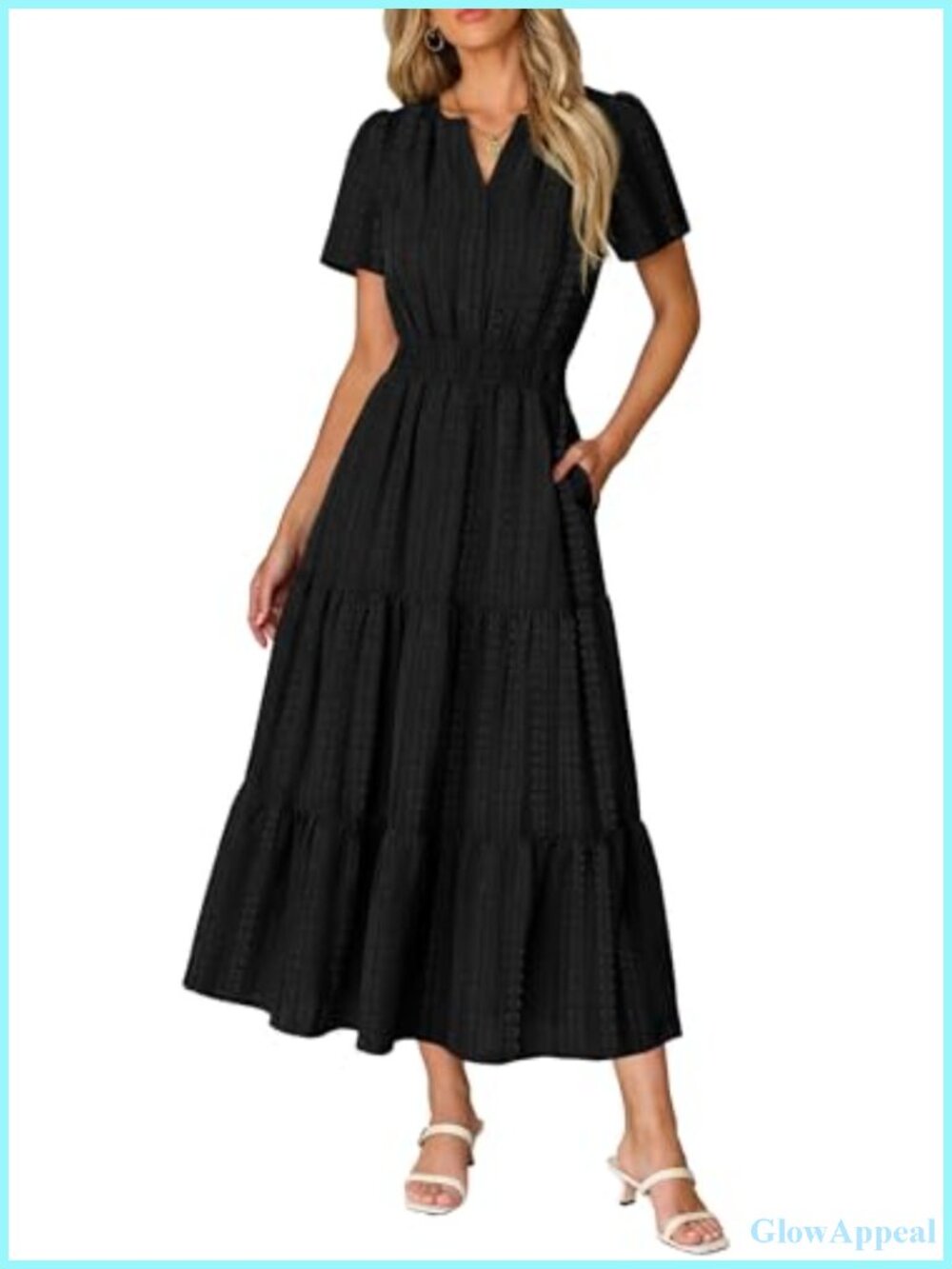 Summer Midi Maxi Dress Short Sleeve V-Neck A-Line Vacation